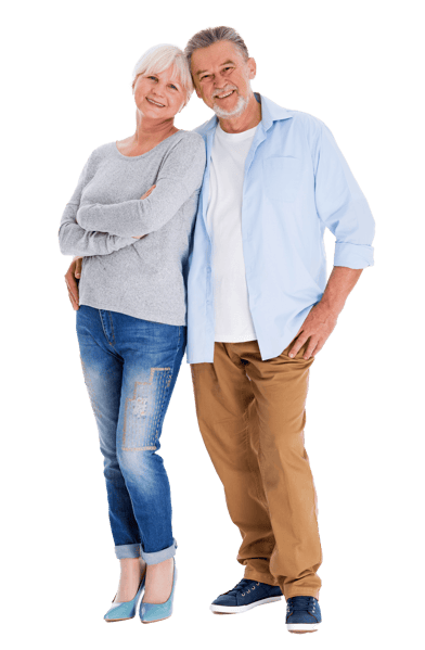 Older couple standing smiling and side by side Older couple standing smiling and side by side