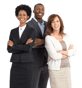 Three professionally dressed employees smiling Three professionally dressed employees smiling