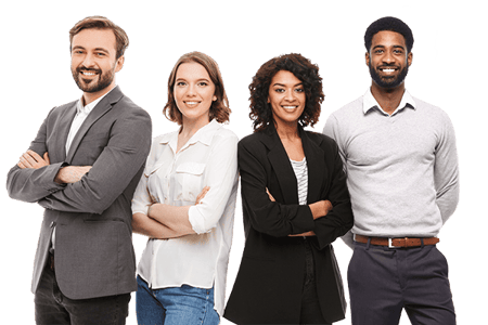 Four professional team members smiling side by side