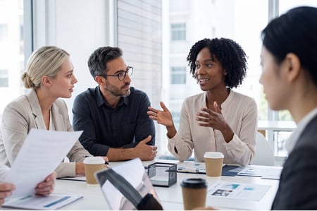 A team listening to a woman speak in a meeting
