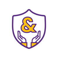 A shield with two hands facing an ampersand