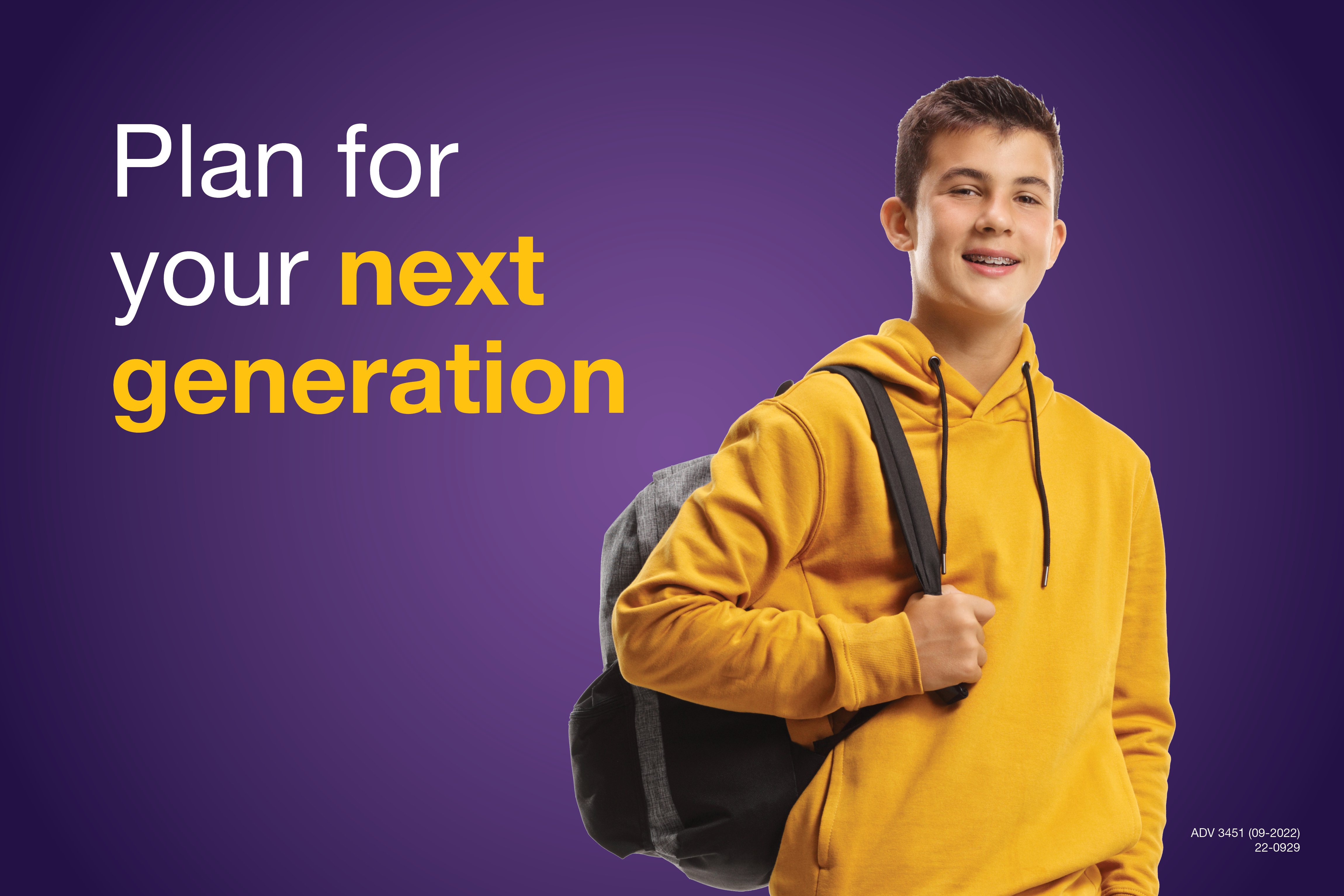 Purple background with a young teenage boy holding a backpack. Text that reads, 