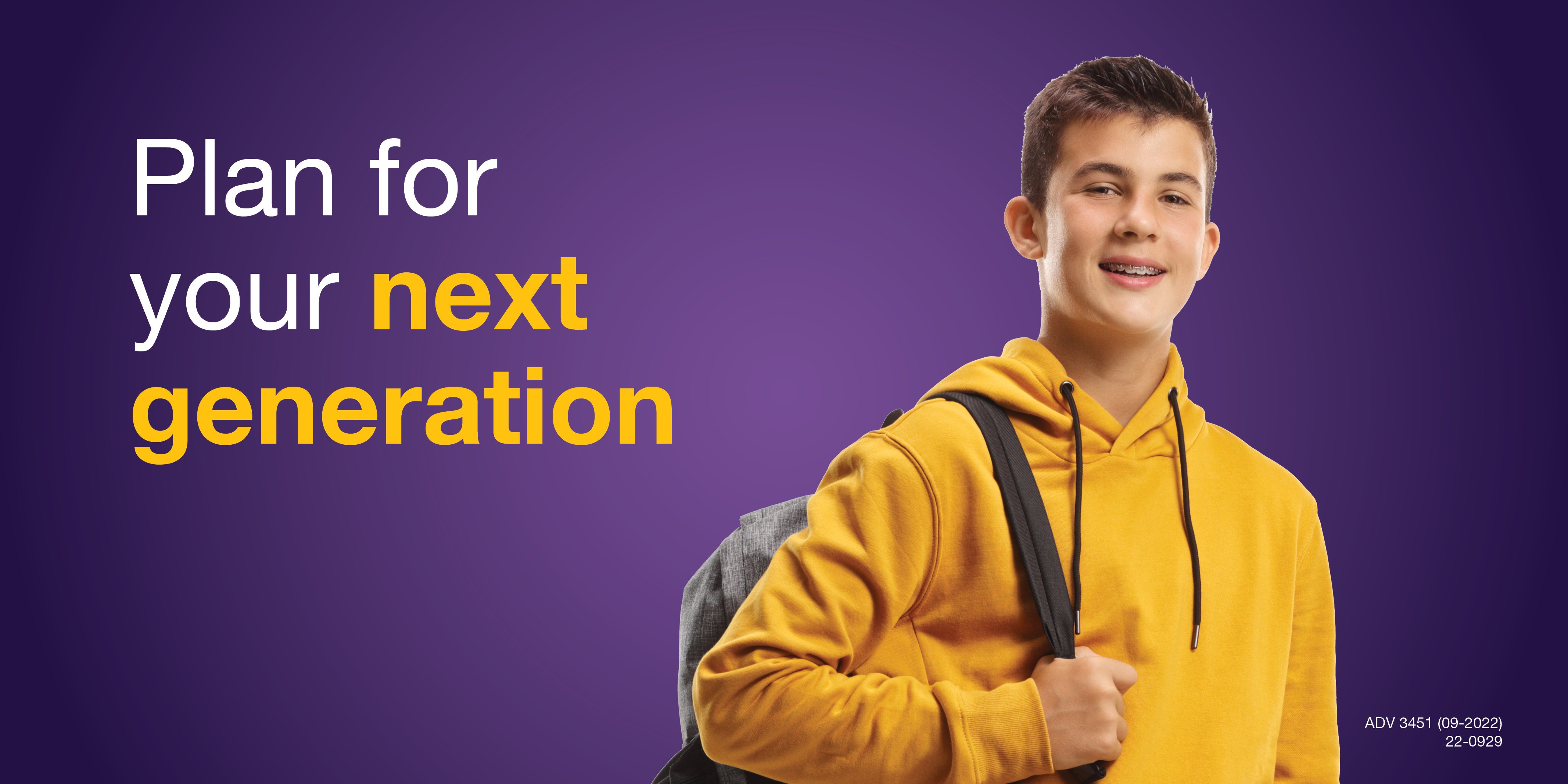 Purple background with a young teenage boy holding a backpack. Text that reads, 